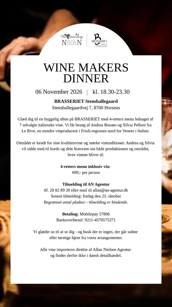Winemakers dinner - BRASSERIET Stensballegaard x AN Agentur