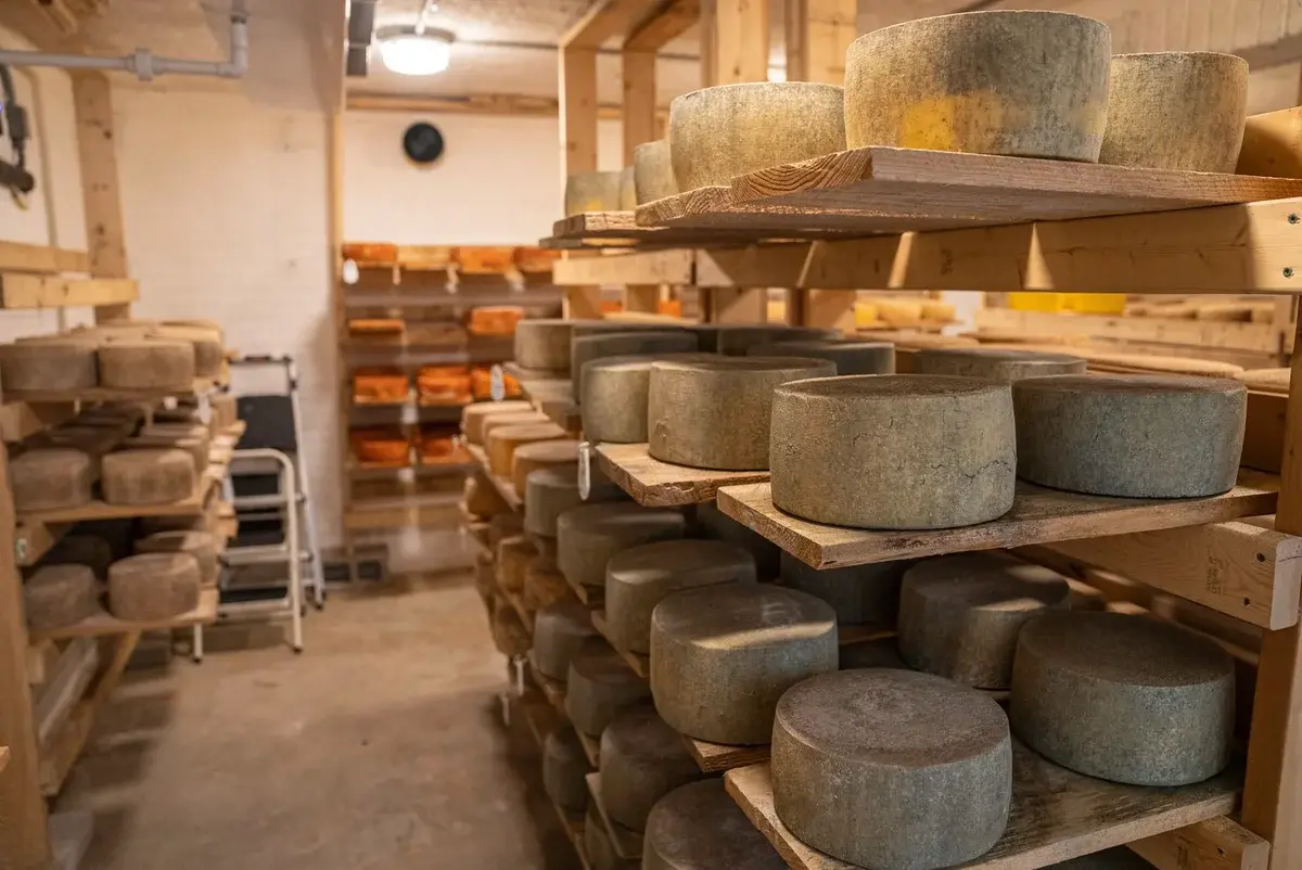 Rows of aging cheese wheels on wooden shelves in a cheese storage room.