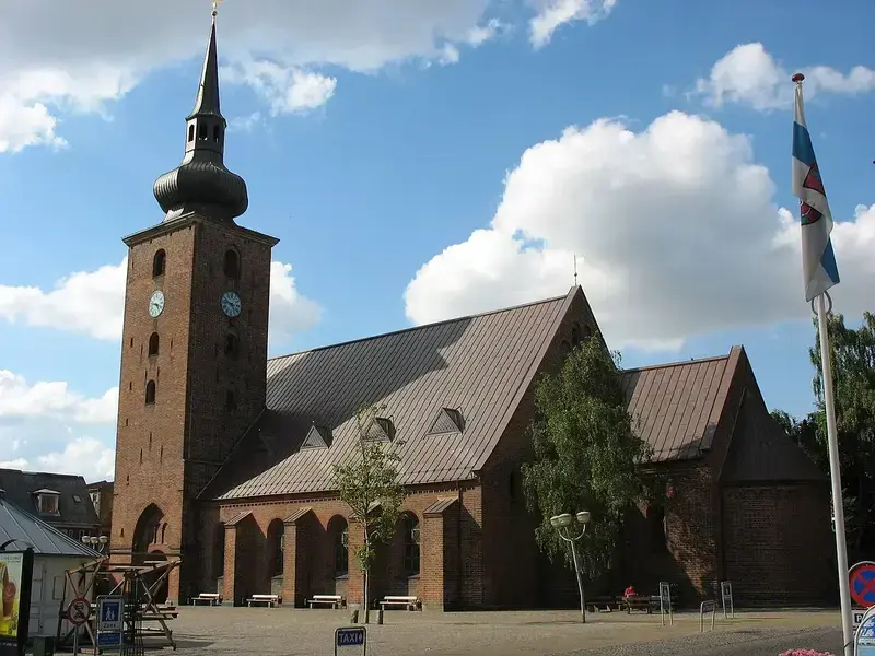 Vor Frelser Church brick building with tall clock tower