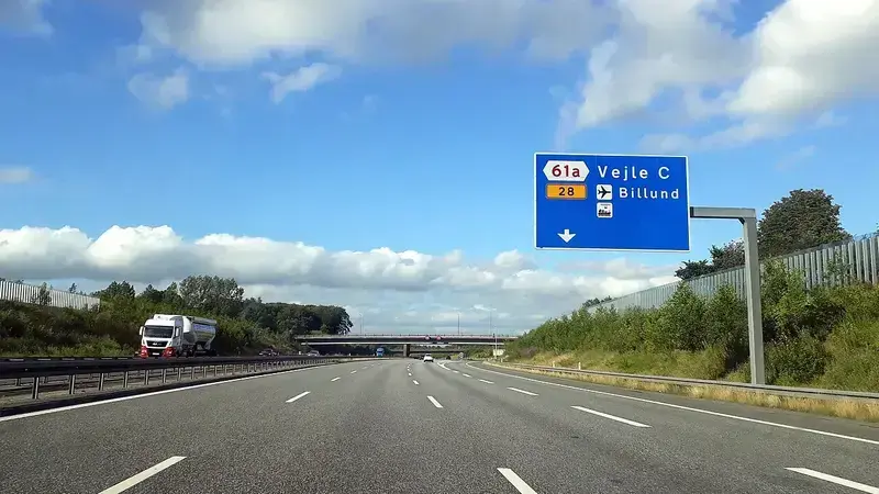 East Jutland Motorway E45 with exit sign for Vejle C and Billund