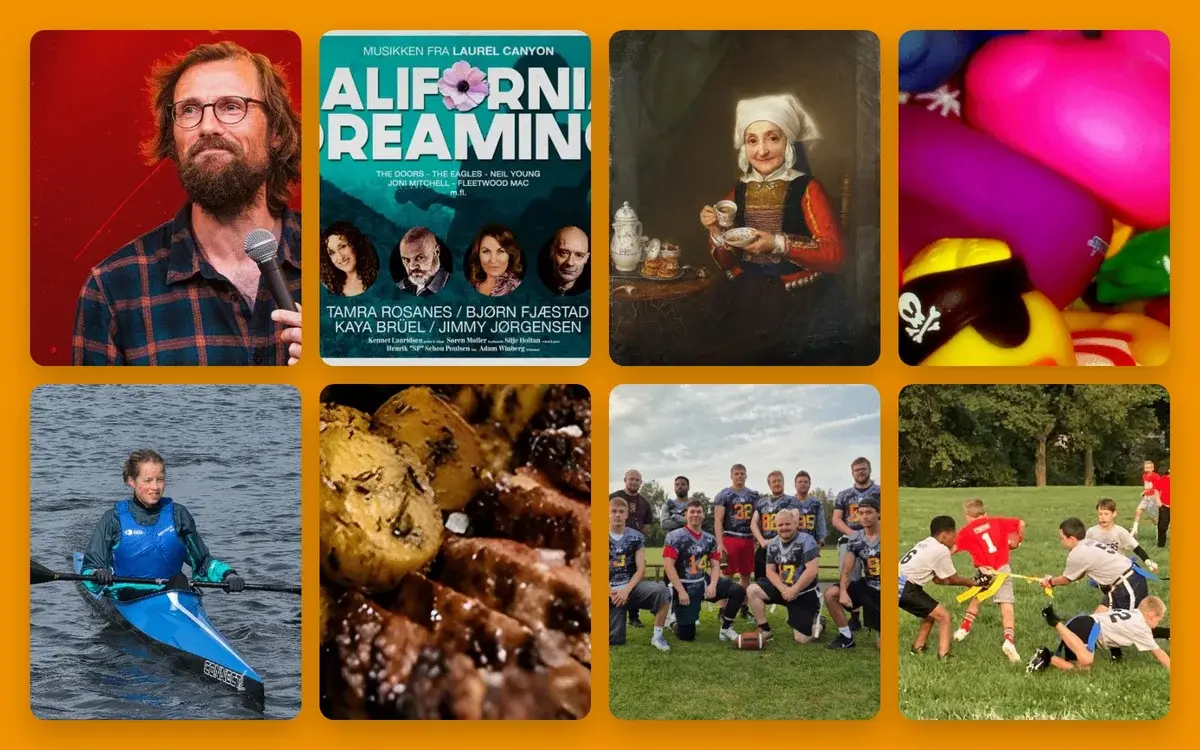 A collage showing portraits, a poster, food, and sports scenes.