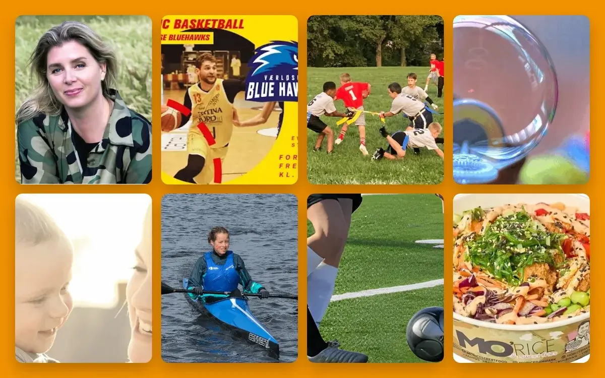 A collage showing portraits, sports scenes, and a food bowl.