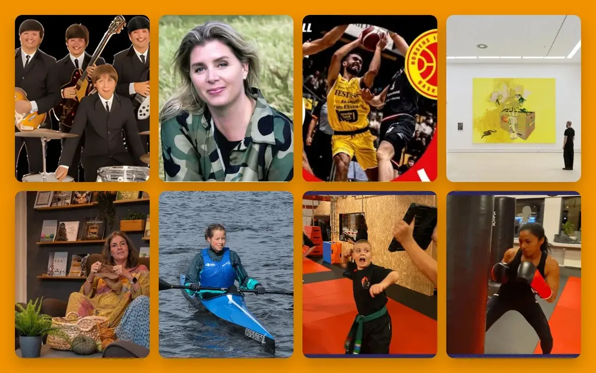 Eight-image collage showing people in music, sports, art, and recreation scenes.