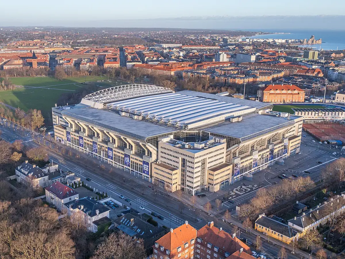Aerial view of Parken Stadium and surrounding Copenhagen cityscape